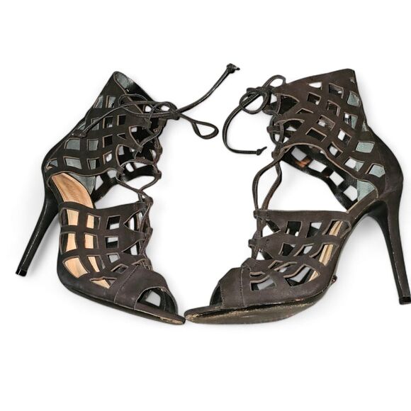 Schutz Laser Cut Cage Gladiator Black Suede Open Toe Stiletto Heel Sz 11 - Picture 6 of 15